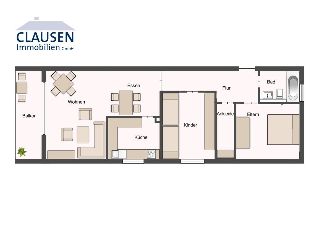 3 Zimmer Wohnung: skizzierter Grundriss